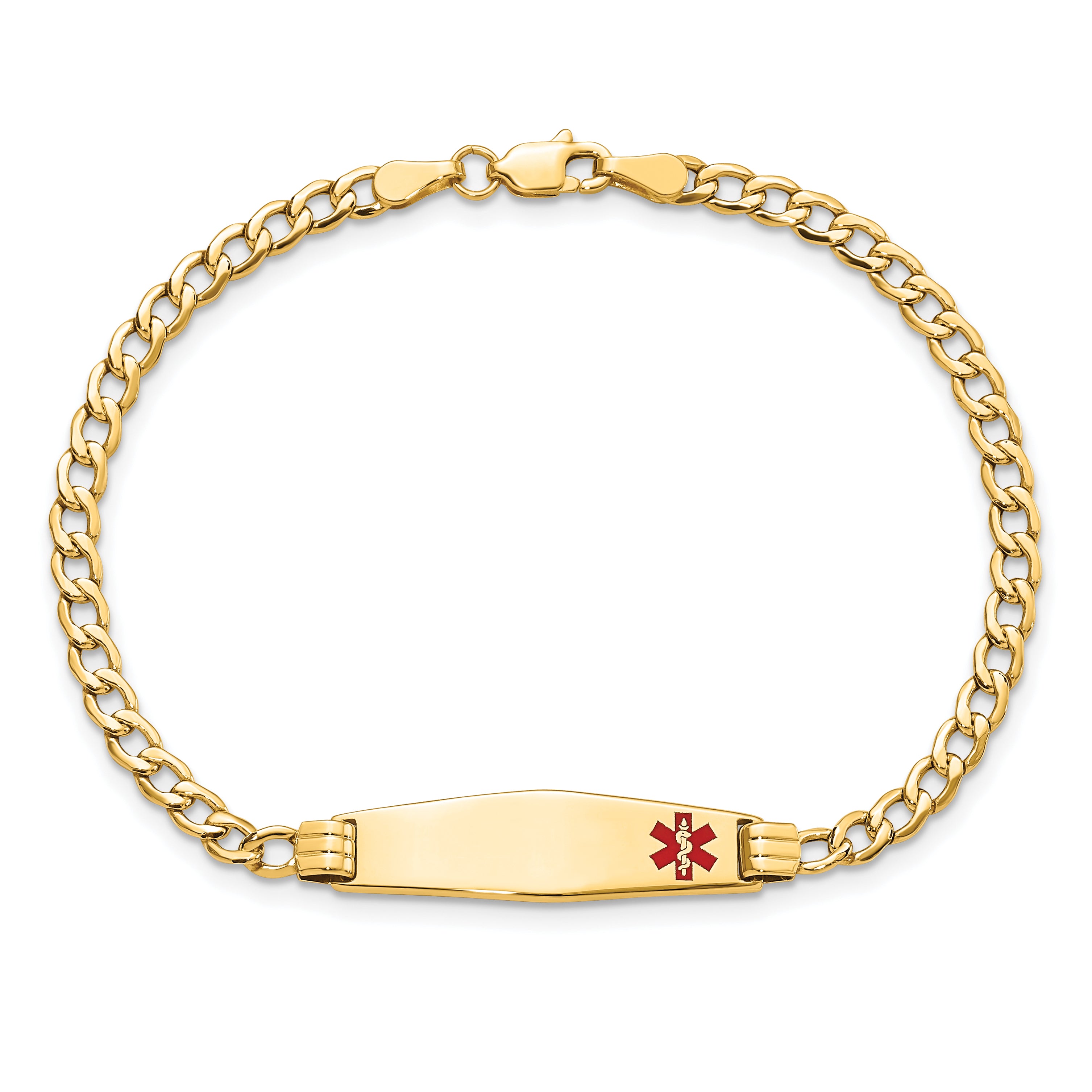14K Medical Semi-Solid Chain/Solid Plate 26x7mm Soft Diamond Shape Off-Center Red Enamel Cuban Link 7 inch ID Bracelet