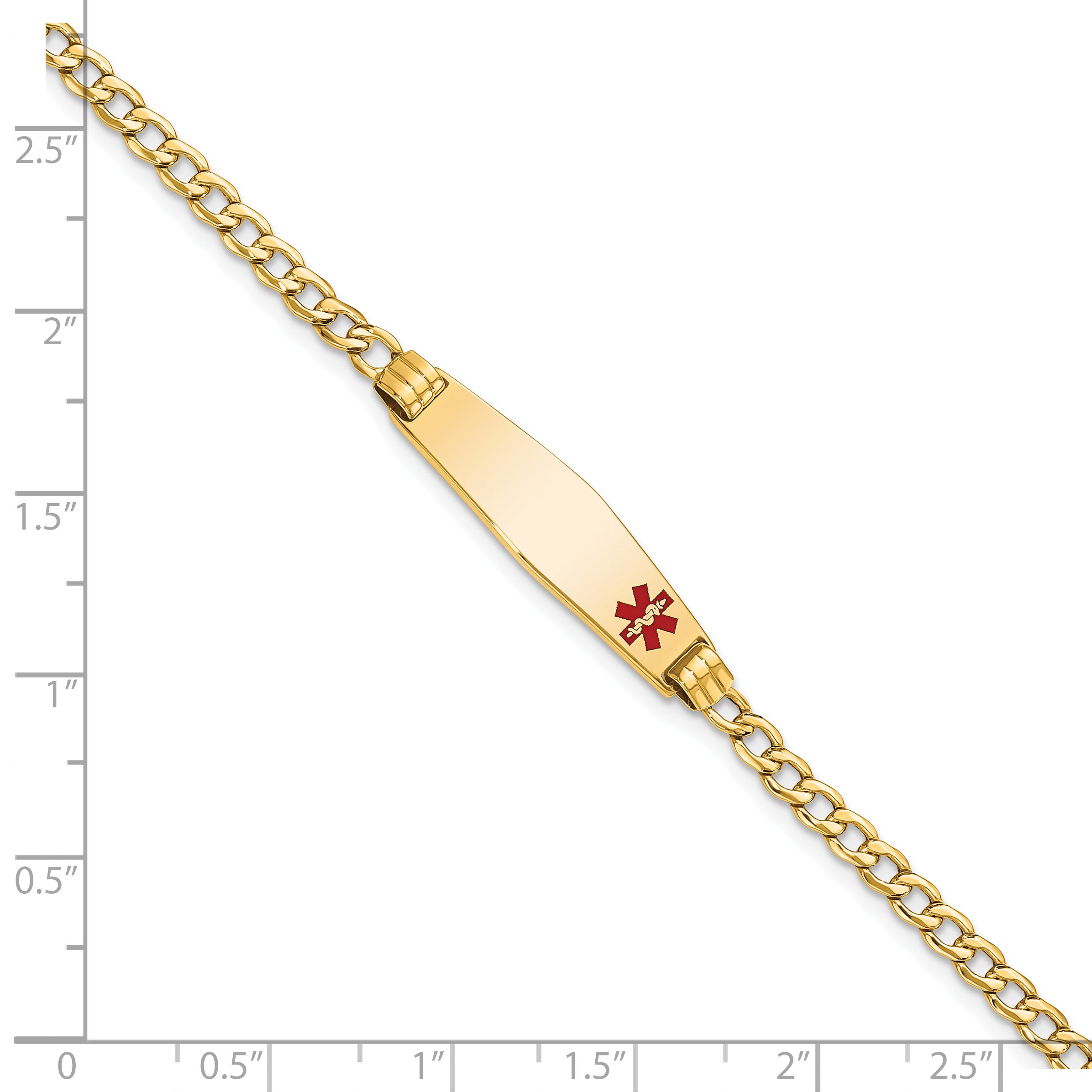 14K Medical Semi-Solid Chain/Solid Plate 26x7mm Soft Diamond Shape Off-Center Red Enamel Cuban Link 7 inch ID Bracelet