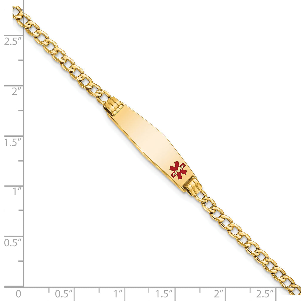 14K Medical Semi-Solid Chain/Solid Plate 26x7mm Soft Diamond Shape Off-Center Red Enamel Cuban Link 8 inch ID Bracelet