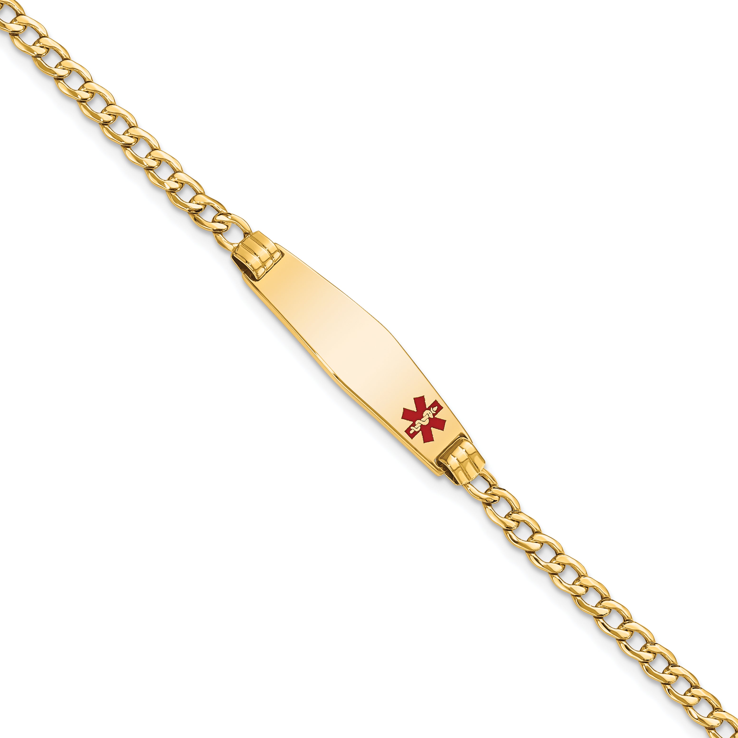 14K Medical Semi-Solid Chain/Solid Plate 26x7mm Soft Diamond Shape Off-Center Red Enamel Cuban Link 7 inch ID Bracelet
