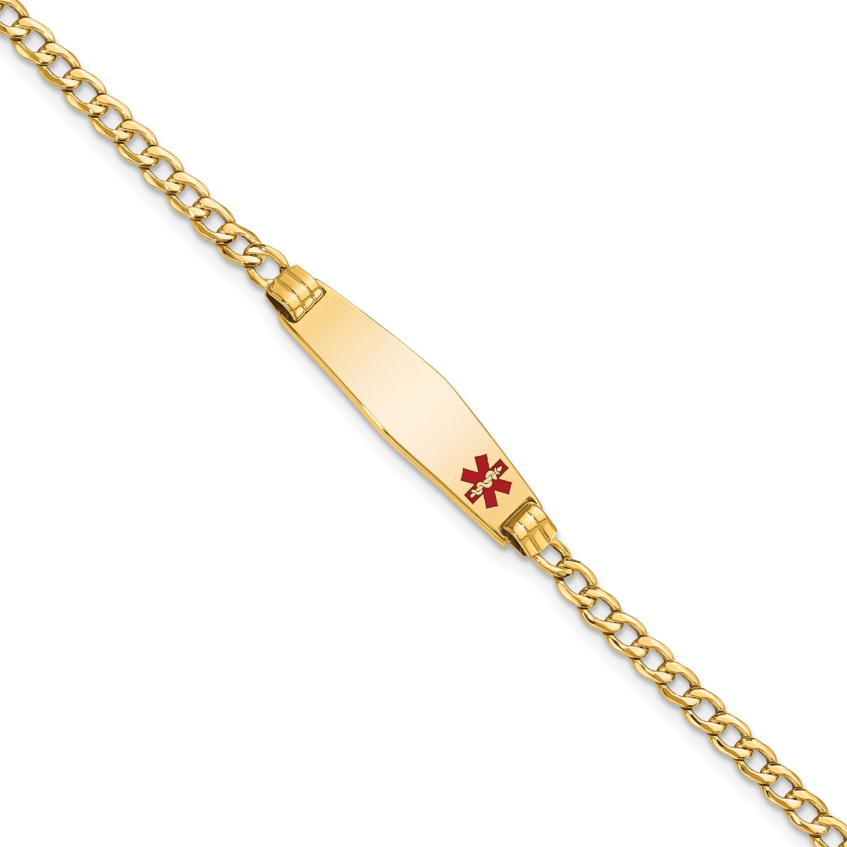 14K Medical Semi-Solid Chain/Solid Plate 26x7mm Soft Diamond Shape Off-Center Red Enamel Cuban Link 7 inch ID Bracelet