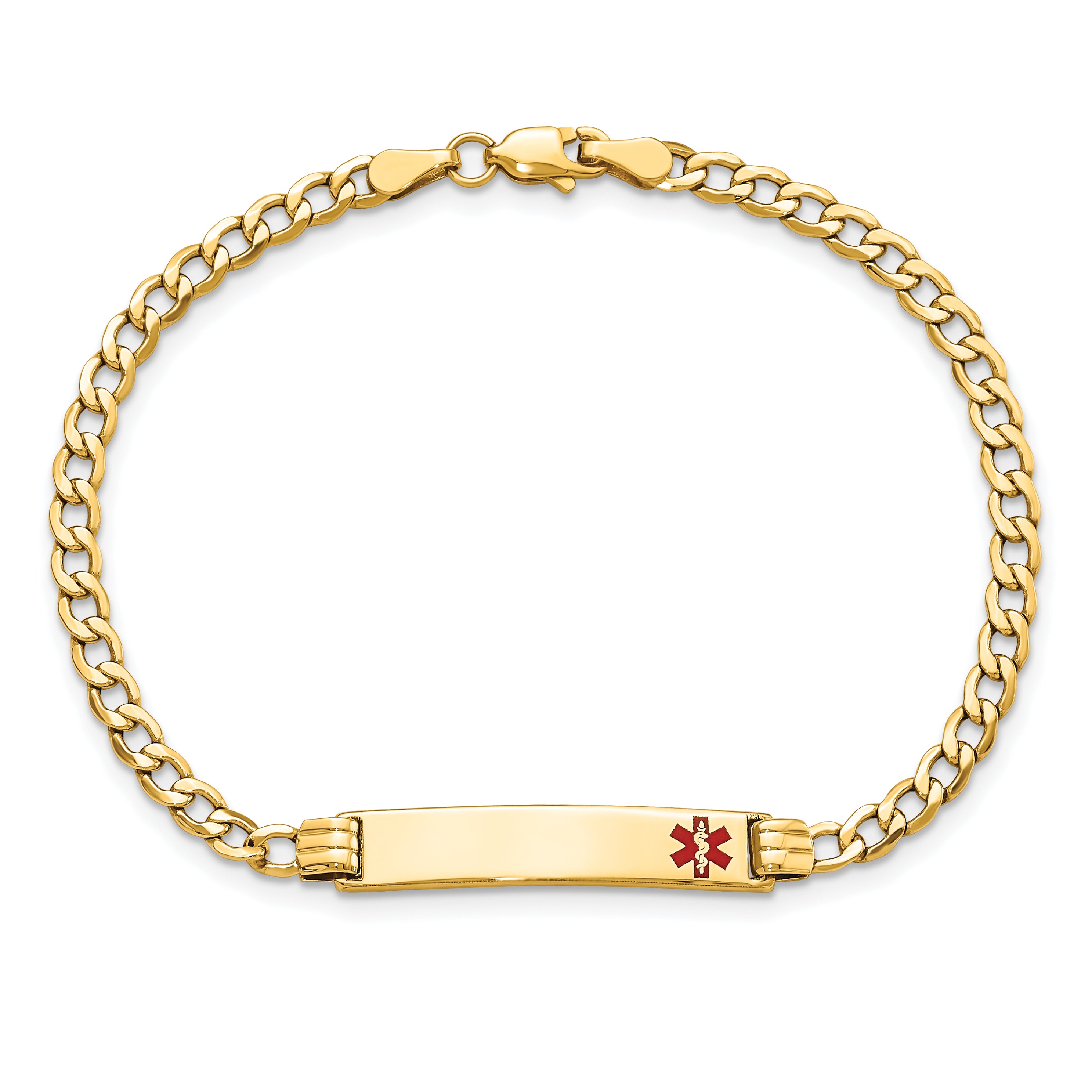 14k Medical Semi-Solid Chain/Solid Plate 26x5mm Off-Center Red Enamel Cuban Link 8 inch ID Bracelet