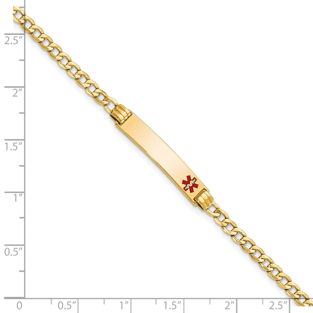 14k Medical Semi-Solid Chain/Solid Plate 26x5mm Off-Center Red Enamel Cuban Link 7 inch ID Bracelet