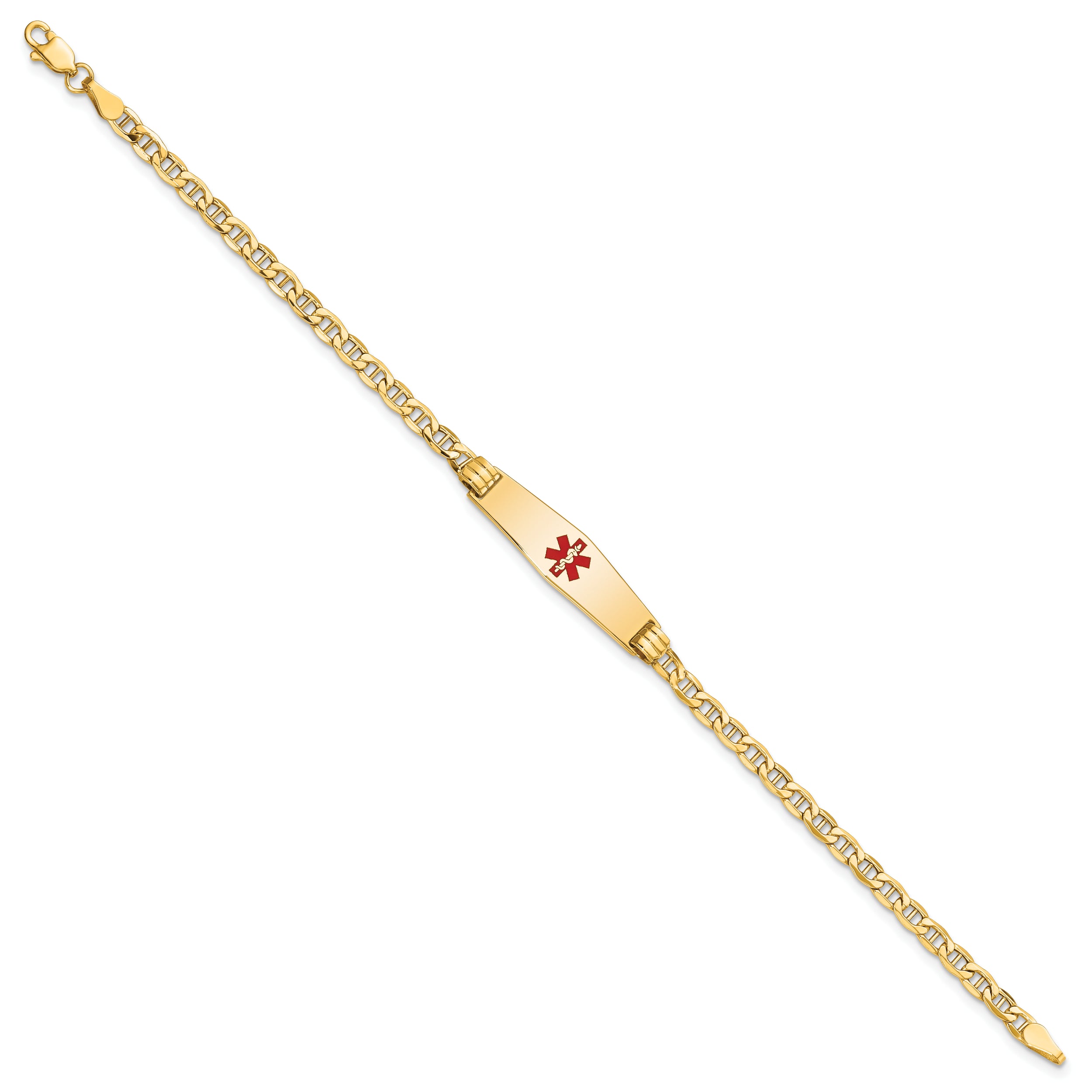 14K Medical Semi-Solid Chain/Solid Plate 26x7mm Soft Diamond Shape Centered Red Enamel Anchor Link 7 inch ID Bracelet