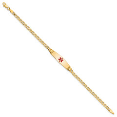 14K Medical Semi-Solid Chain/Solid Plate 26x7mm Soft Diamond Shape Centered Red Enamel Anchor Link 7 inch ID Bracelet