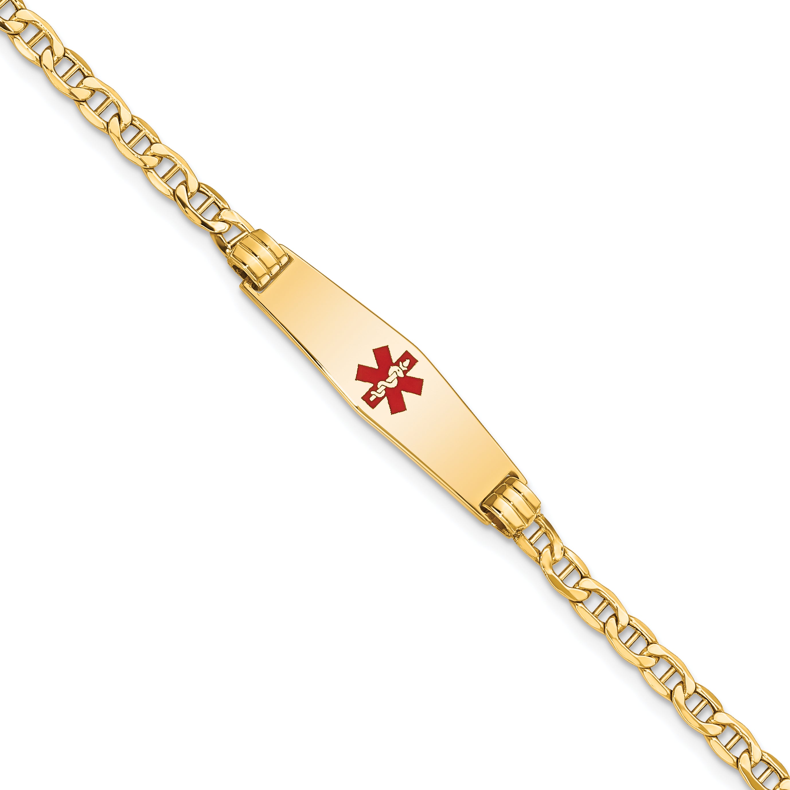 14K Medical Semi-Solid Chain/Solid Plate 26x7mm Soft Diamond Shape Centered Red Enamel Anchor Link 7 inch ID Bracelet