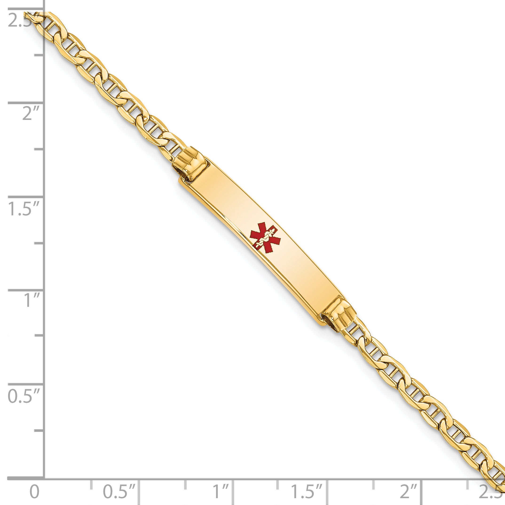 14K Medical Semi-Solid Chain/Solid Plate 26x5mm Centered Red Enamel Anchor Link 7 inch ID Bracelet
