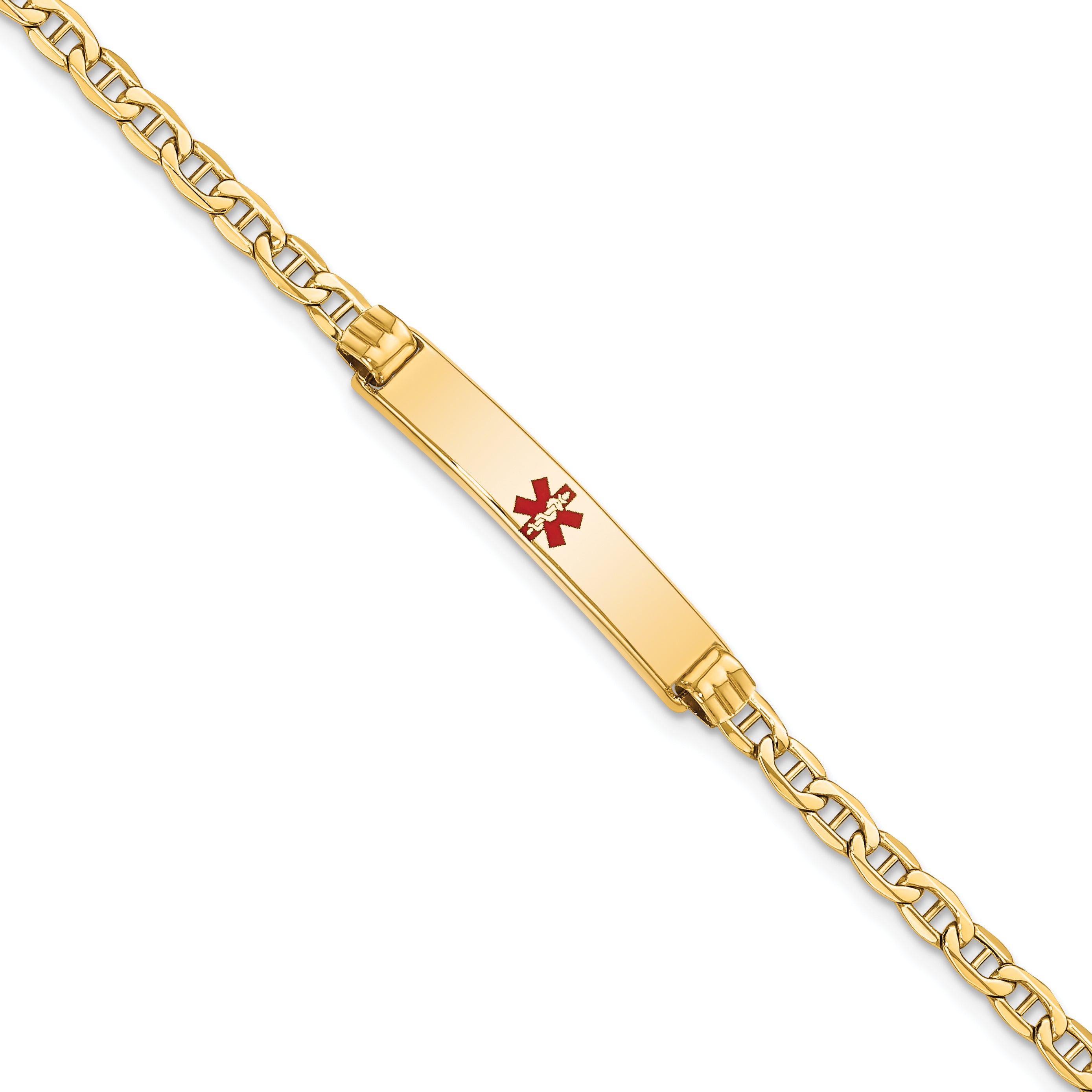 14K Medical Semi-Solid Chain/Solid Plate 26x5mm Centered Red Enamel Anchor Link 7 inch ID Bracelet
