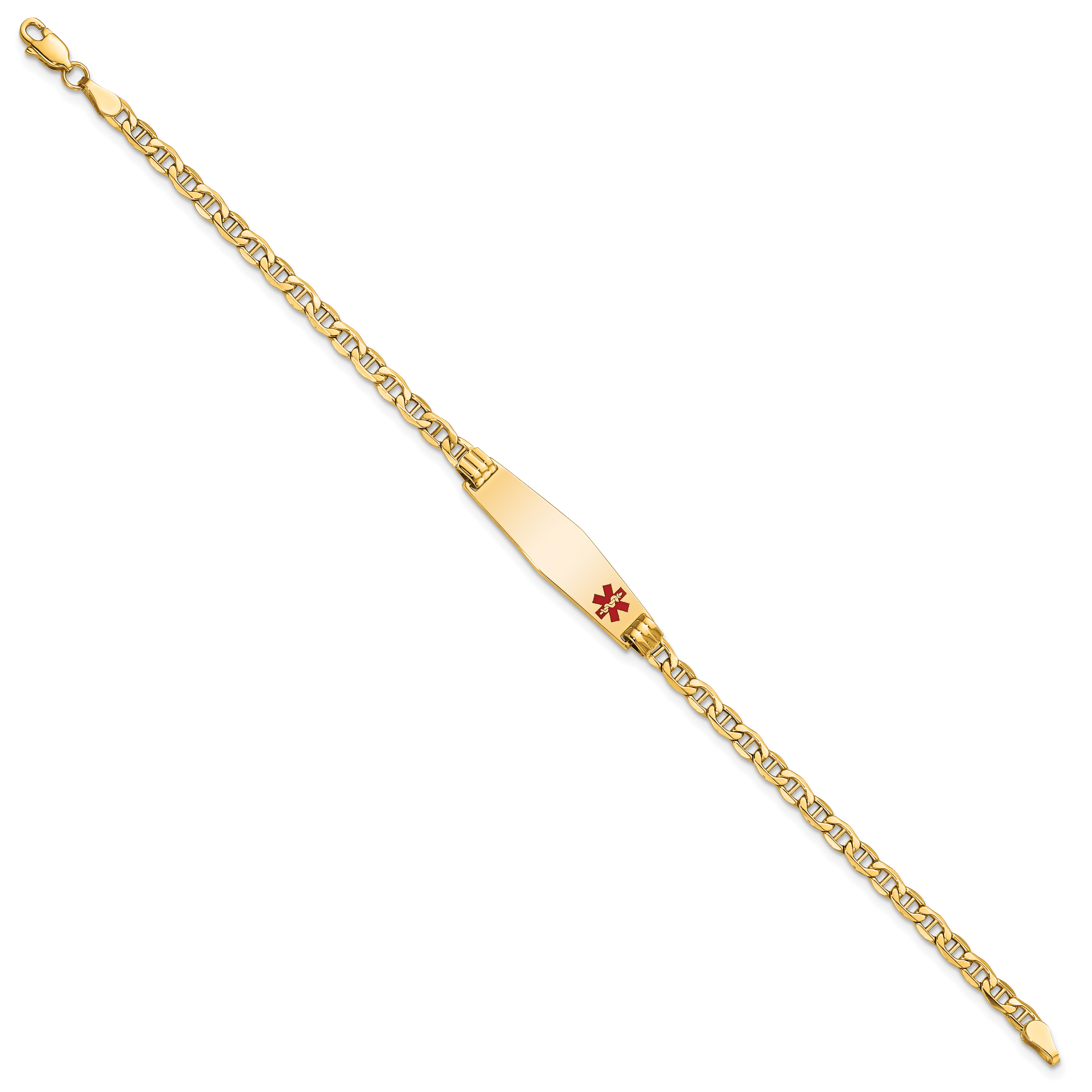 14K Medical Semi-Solid Chain/Solid Plate 26x7mm Soft Diamond Shape Off-Center Red Enamel Anchor Link 8 inch ID Bracelet Secondary image