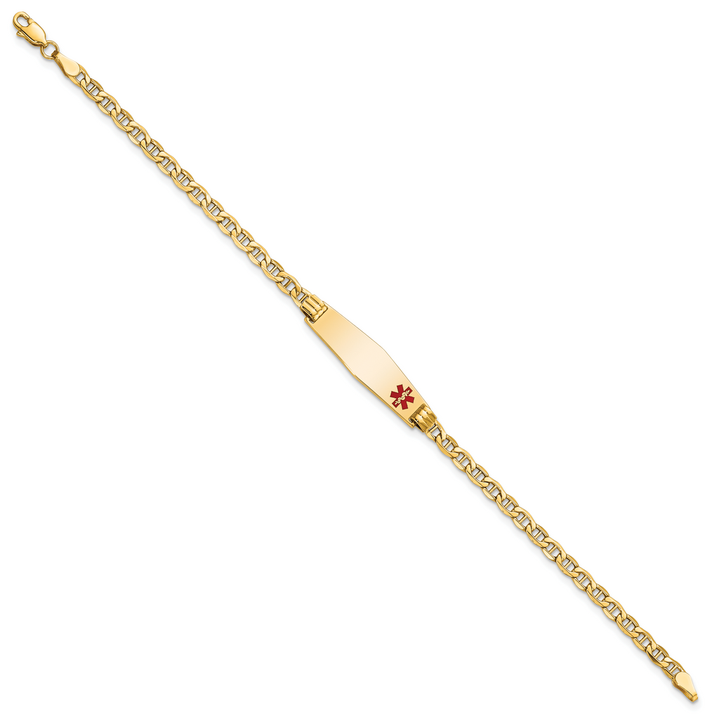 14K Medical Semi-Solid Chain/Solid Plate 26x7mm Soft Diamond Shape Off-Center Red Enamel Anchor Link 8 inch ID Bracelet
