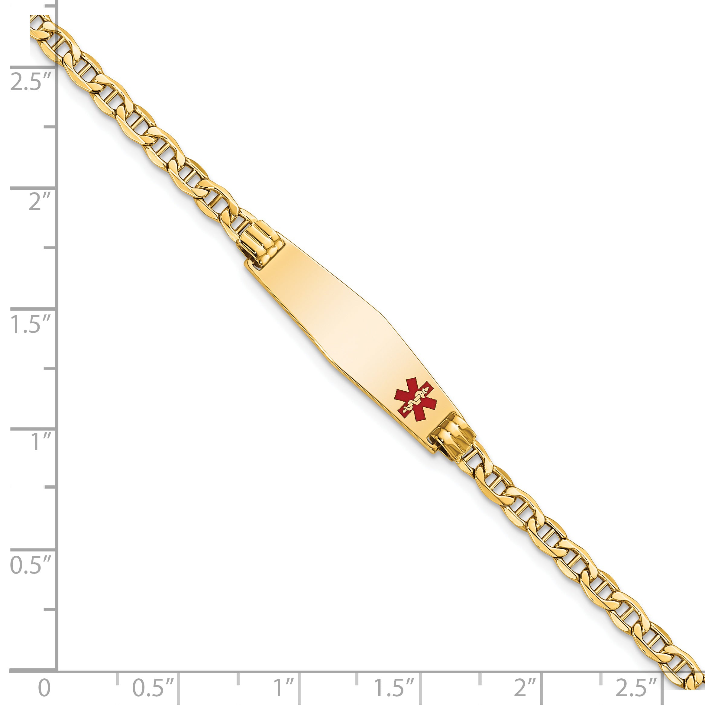 14K Medical Semi-Solid Chain/Solid Plate 26x7mm Soft Diamond Shape Off-Center Red Enamel Anchor Link 7 inch ID Bracelet