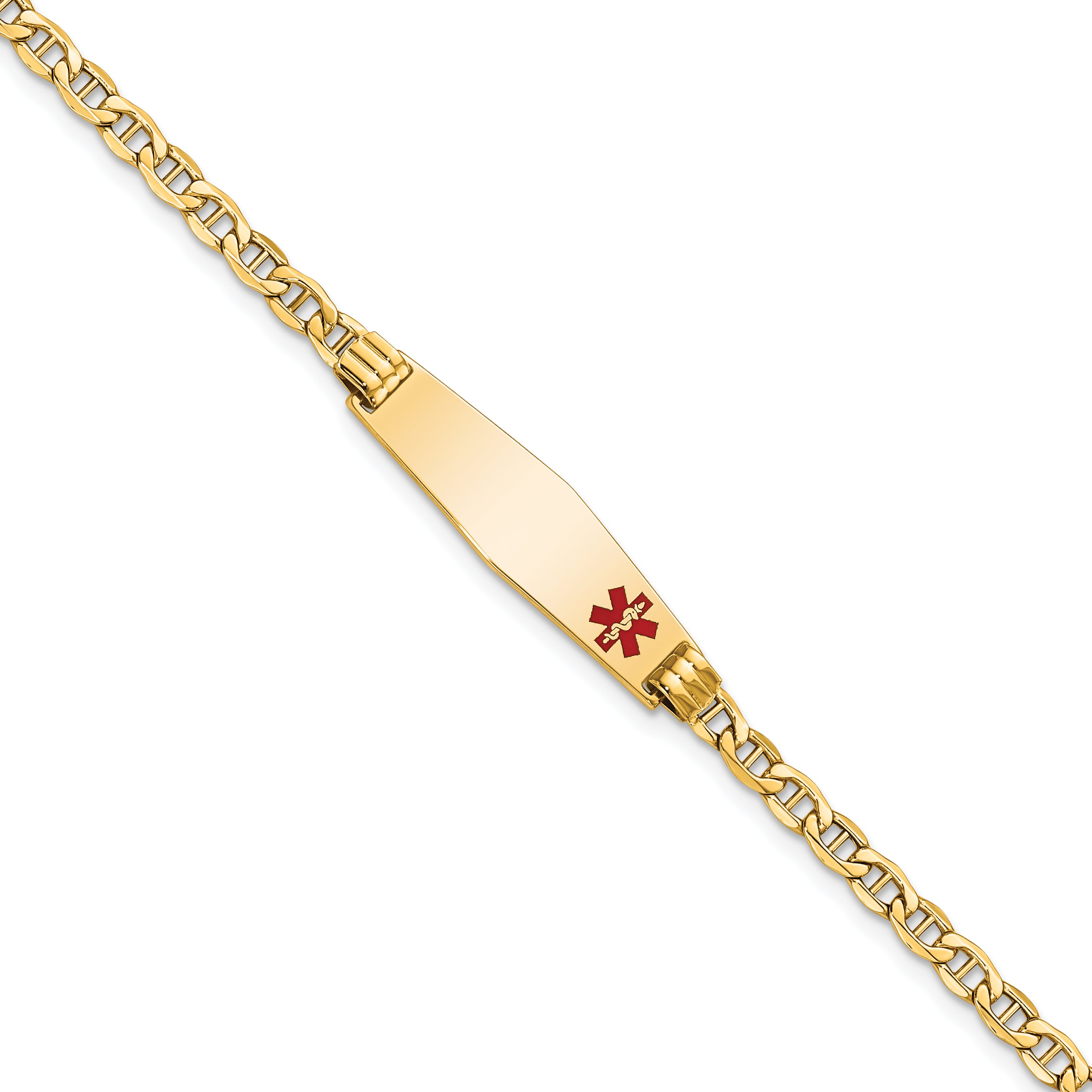 14K Medical Semi-Solid Chain/Solid Plate 26x7mm Soft Diamond Shape Off-Center Red Enamel Anchor Link 7 inch ID Bracelet