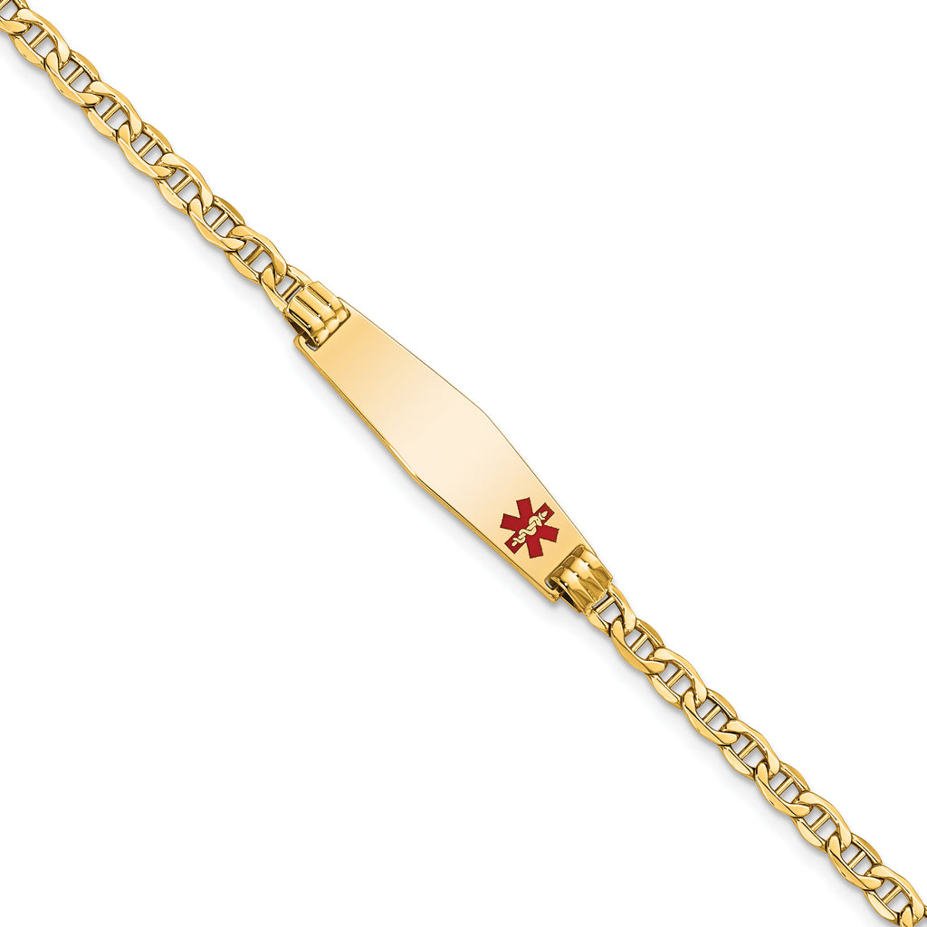 14K Medical Semi-Solid Chain/Solid Plate 26x7mm Soft Diamond Shape Off-Center Red Enamel Anchor Link 8 inch ID Bracelet