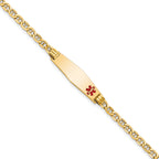 14K Medical Semi-Solid Chain/Solid Plate 26x7mm Soft Diamond Shape Off-Center Red Enamel Anchor Link 8 inch ID Bracelet