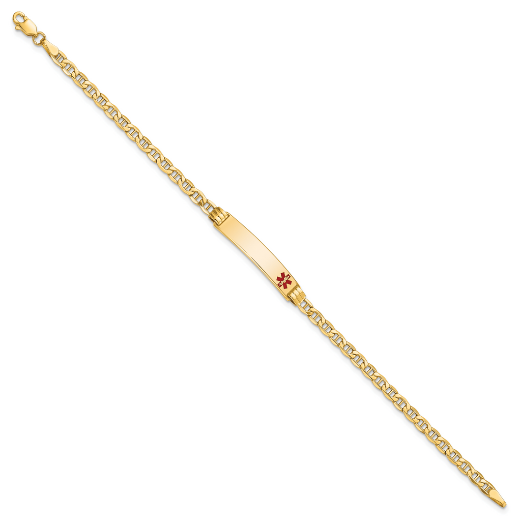 14k Medical Semi-Solid Chain/Solid Plate 26x5mm Off-Center Red Enamel Anchor Link 7 inch ID Bracelet