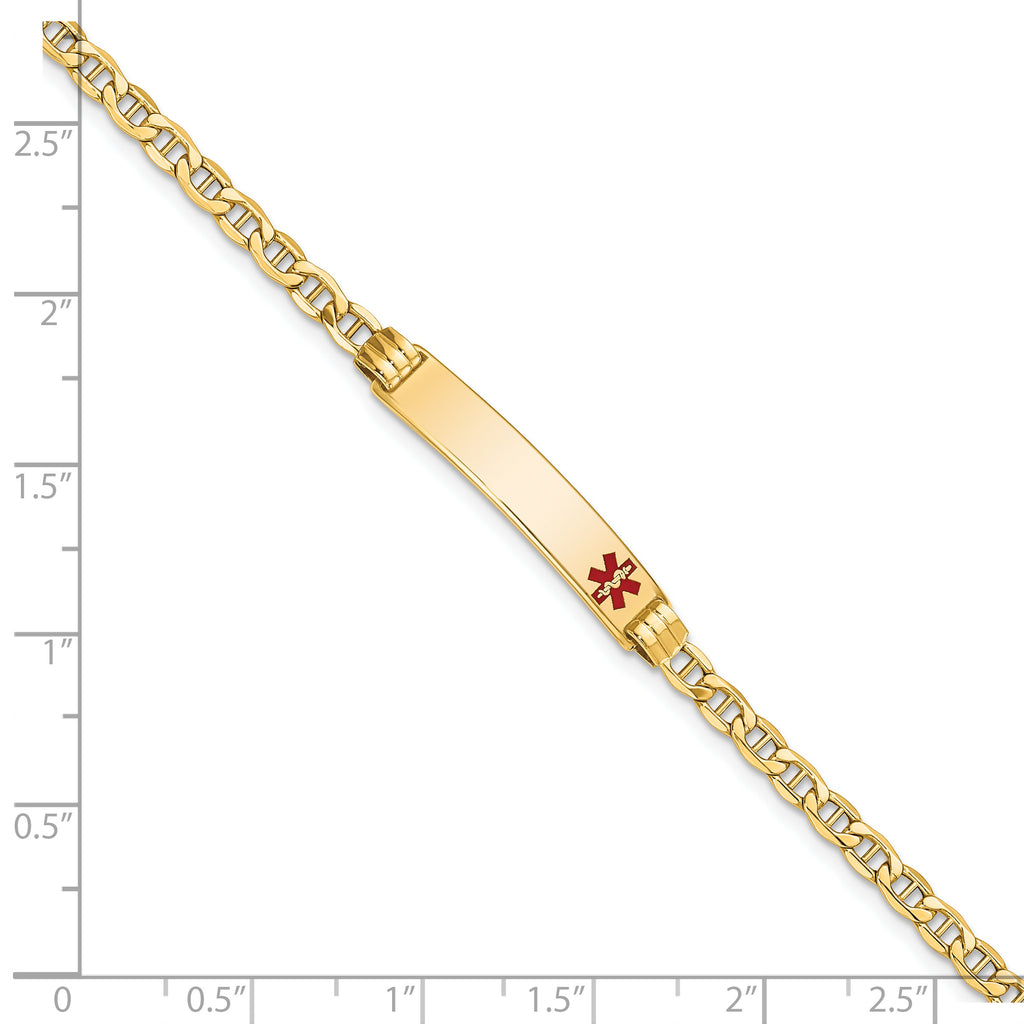 14k Medical Semi-Solid Chain/Solid Plate 26x5mm Off-Center Red Enamel Anchor Link 7 inch ID Bracelet