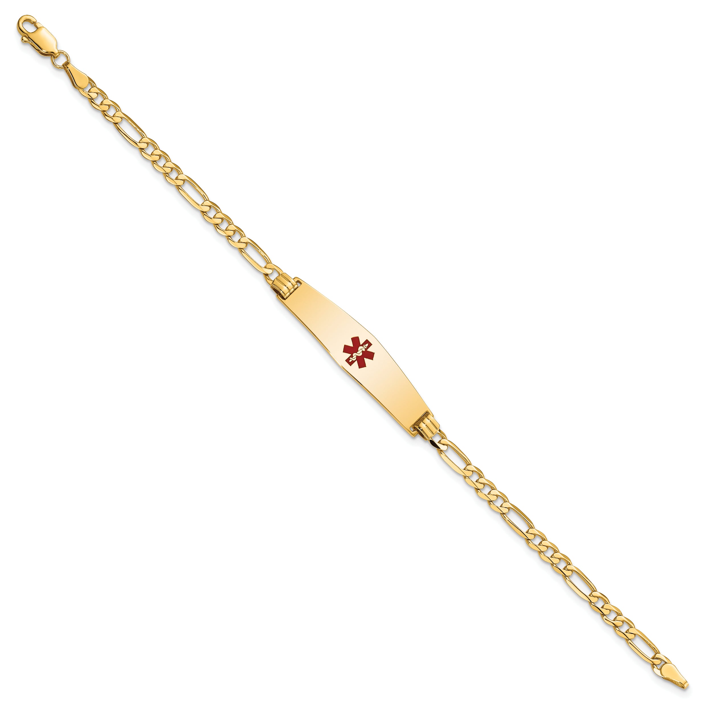 14K Medical Solid Chain/Solid Plate Soft Diamond Shape 33x8mm Centered Red Enamel Flat Figaro Link 8 inch ID Bracelet