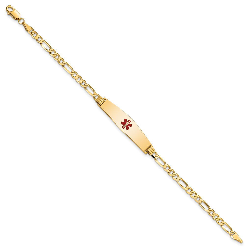 14K Medical Solid Chain/Solid Plate Soft Diamond Shape 33x8mm Centered Red Enamel Flat Figaro Link 7 inch ID Bracelet