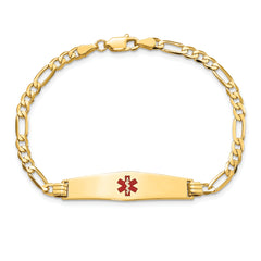 14K Medical Solid Chain/Solid Plate Soft Diamond Shape 33x8mm Centered Red Enamel Flat Figaro Link 8 inch ID Bracelet