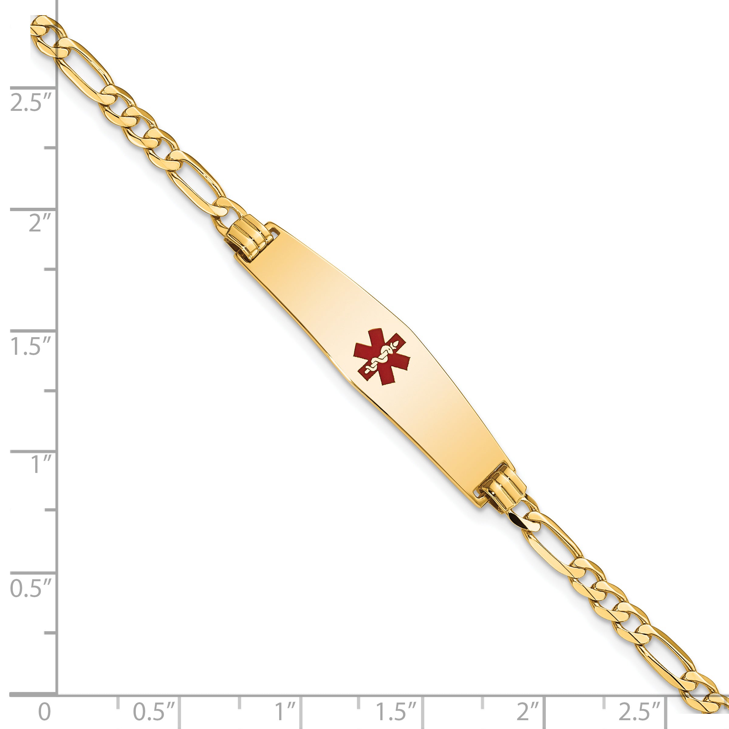 14K Medical Solid Chain/Solid Plate Soft Diamond Shape 33x8mm Centered Red Enamel Flat Figaro Link 8 inch ID Bracelet