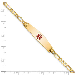 14K Medical Solid Chain/Solid Plate Soft Diamond Shape 33x8mm Centered Red Enamel Flat Figaro Link 8 inch ID Bracelet