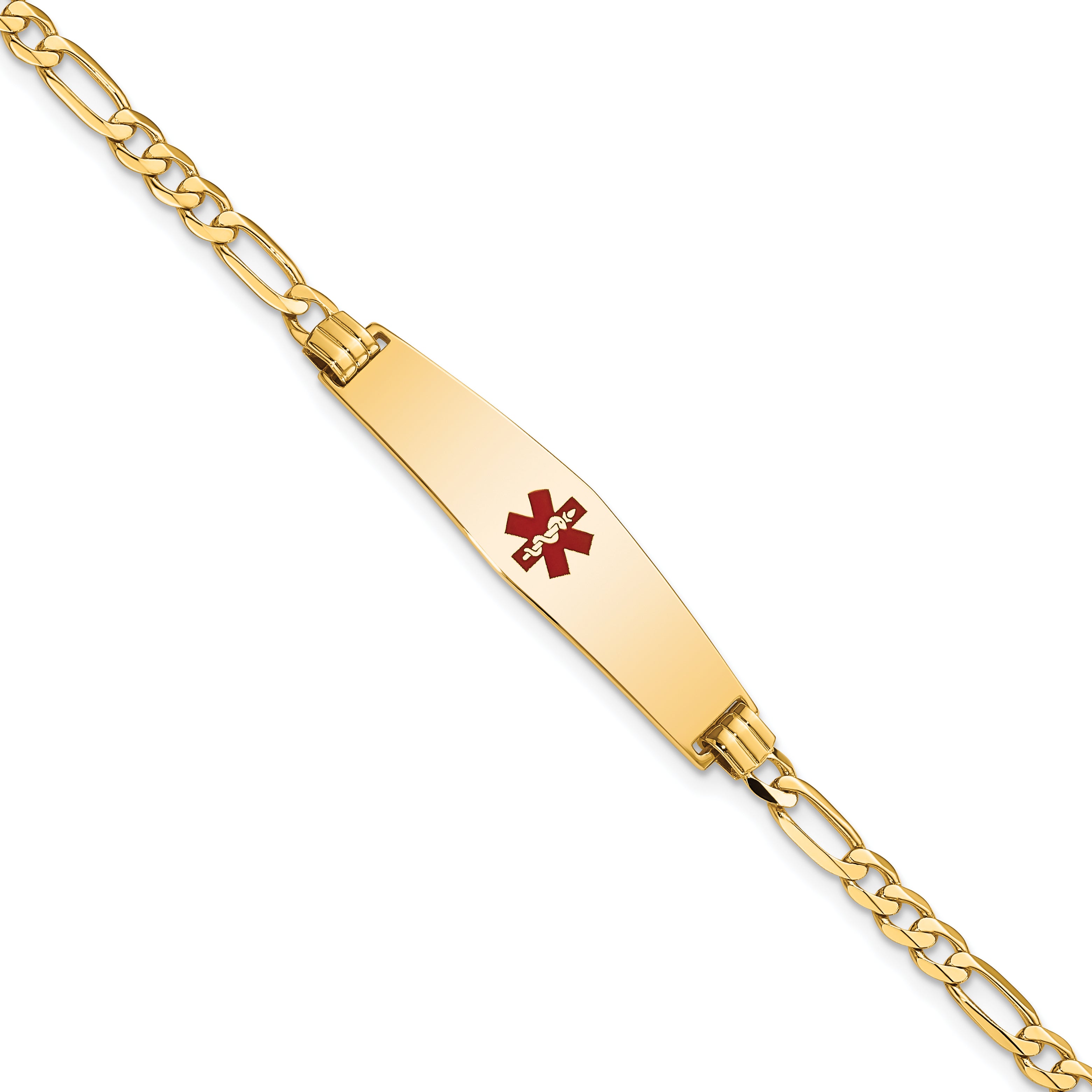 14K Medical Solid Chain/Solid Plate Soft Diamond Shape 33x8mm Centered Red Enamel Flat Figaro Link 8 inch ID Bracelet