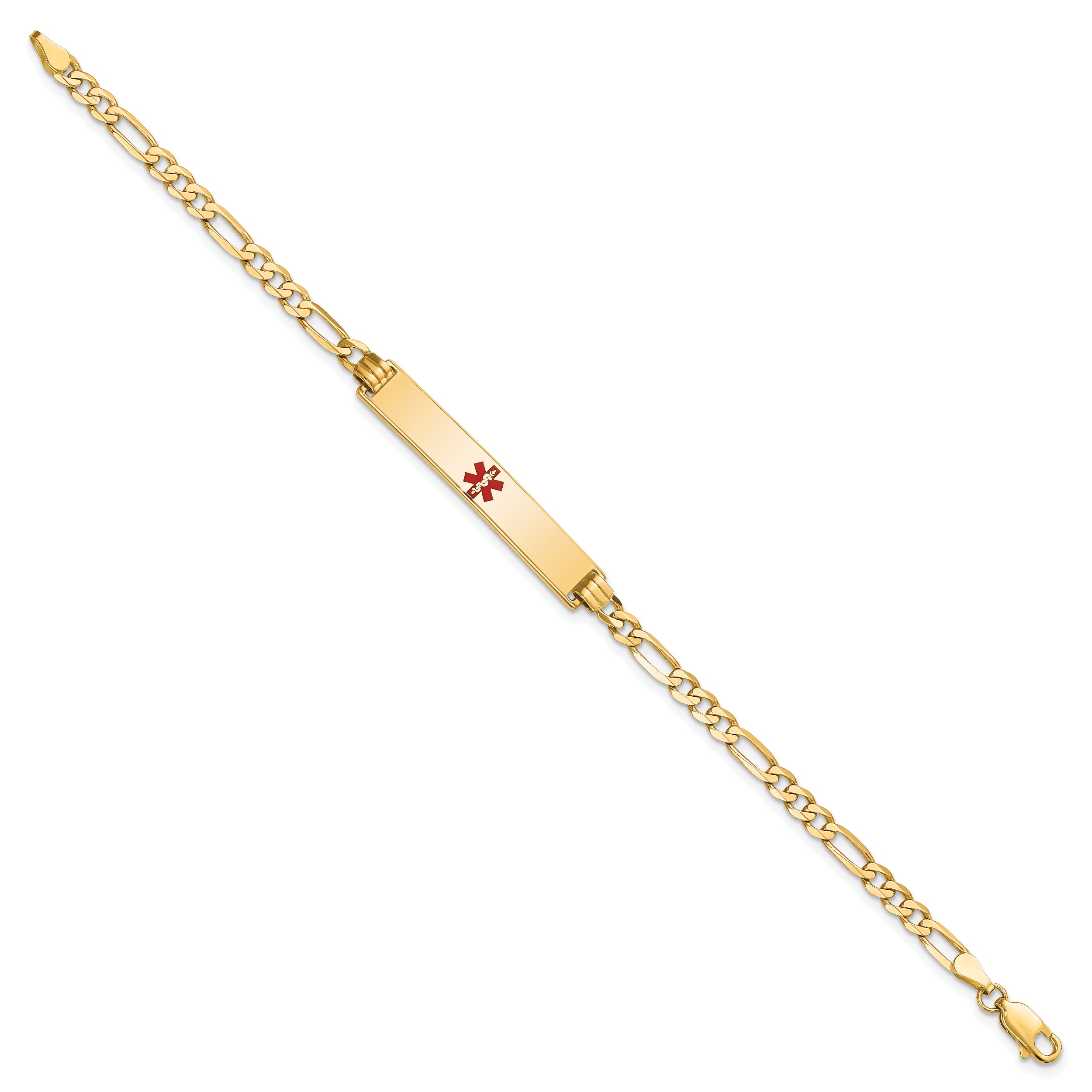 14K Medical Solid Chain/Solid Plate 34x6mm Centered Red Enamel Flat Figaro Link 7 inch ID Bracelet