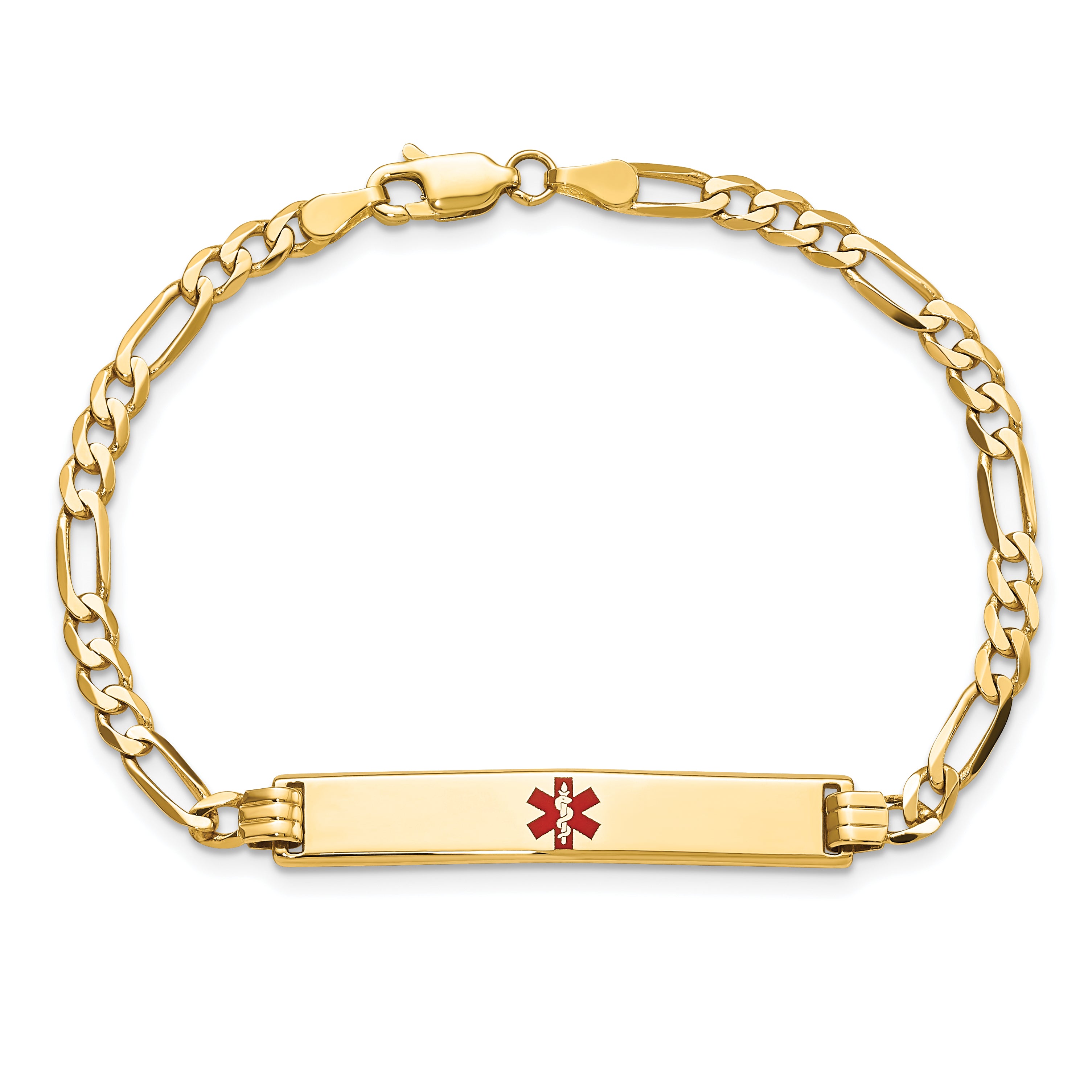 14K Medical Solid Chain/Solid Plate 34x6mm Centered Red Enamel Flat Figaro Link 8 inch ID Bracelet