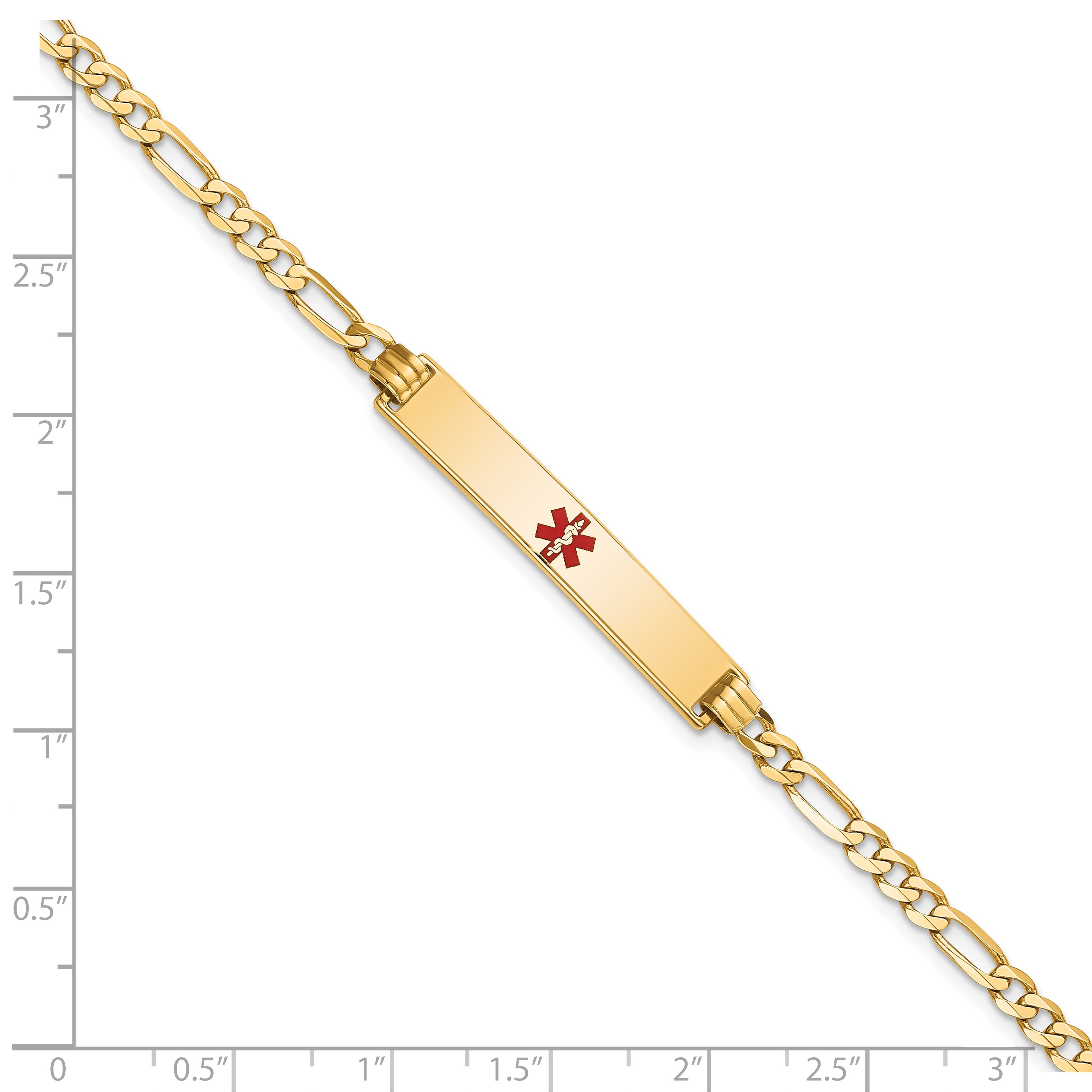 14K Medical Solid Chain/Solid Plate 34x6mm Centered Red Enamel Flat Figaro Link 7 inch ID Bracelet