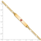 14K Medical Solid Chain/Solid Plate 34x6mm Centered Red Enamel Flat Figaro Link 7 inch ID Bracelet