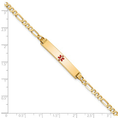 14K Medical Solid Chain/Solid Plate 34x6mm Centered Red Enamel Flat Figaro Link 7 inch ID Bracelet