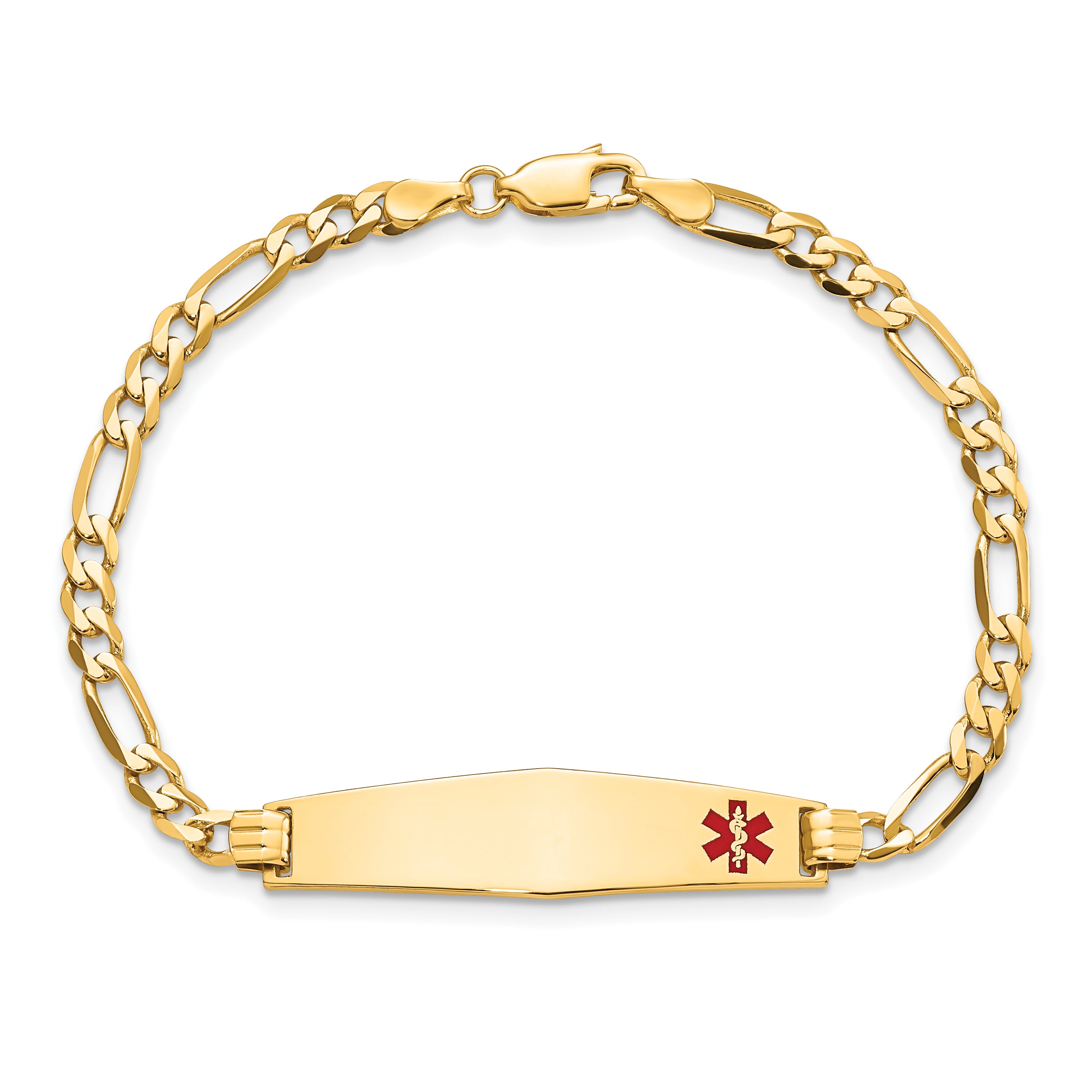 14K Medical Solid Chain/Solid Plate Soft Diamond Shape 33x8mm Off-Center Red Enamel Flat Figaro Link 8 inch ID Bracelet