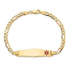 14K Medical Solid Chain/Solid Plate Soft Diamond Shape 33x8mm Off-Center Red Enamel Flat Figaro Link 8 inch ID Bracelet