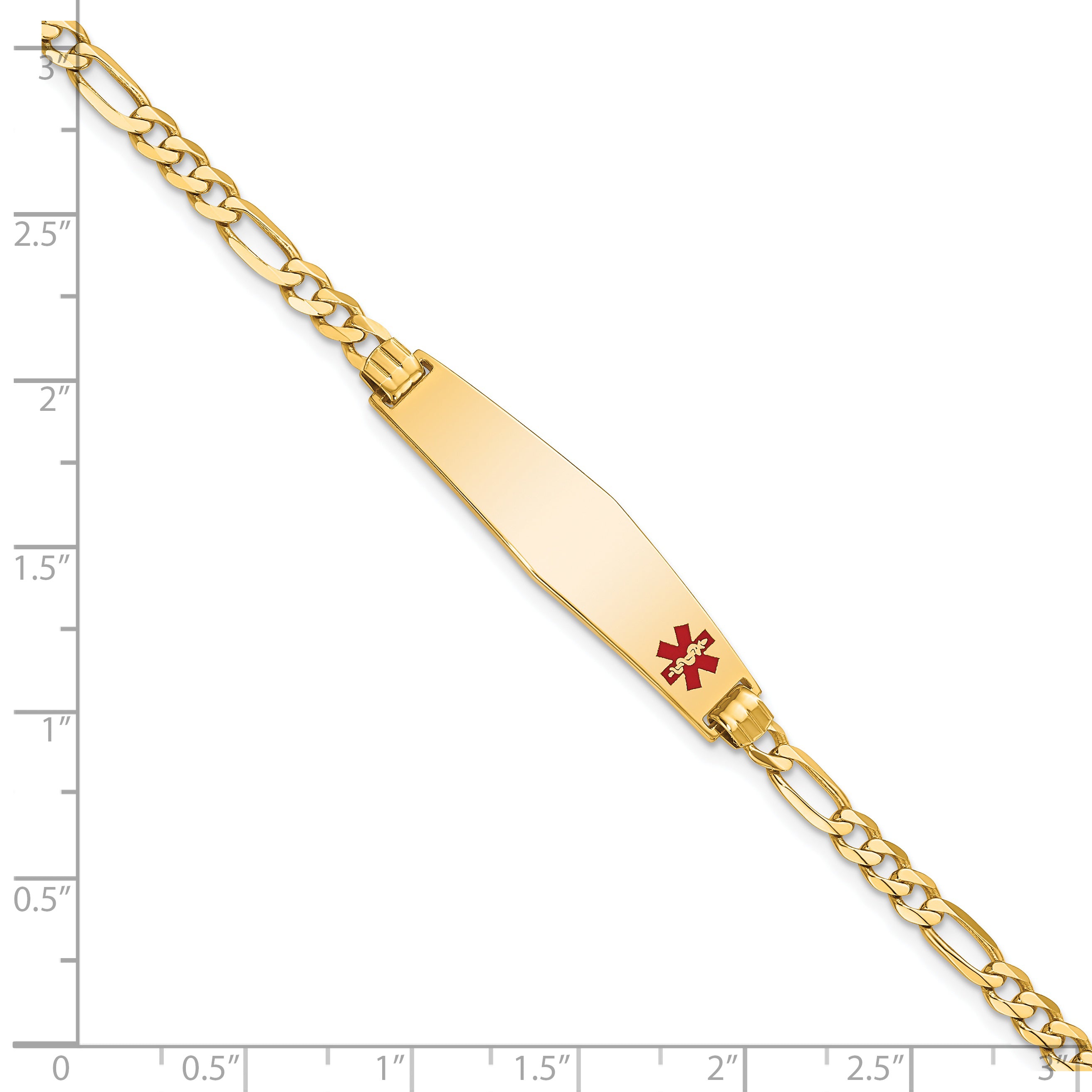 14K Medical Solid Chain/Solid Plate Soft Diamond Shape 33x8mm Off-Center Red Enamel Flat Figaro Link 8 inch ID Bracelet
