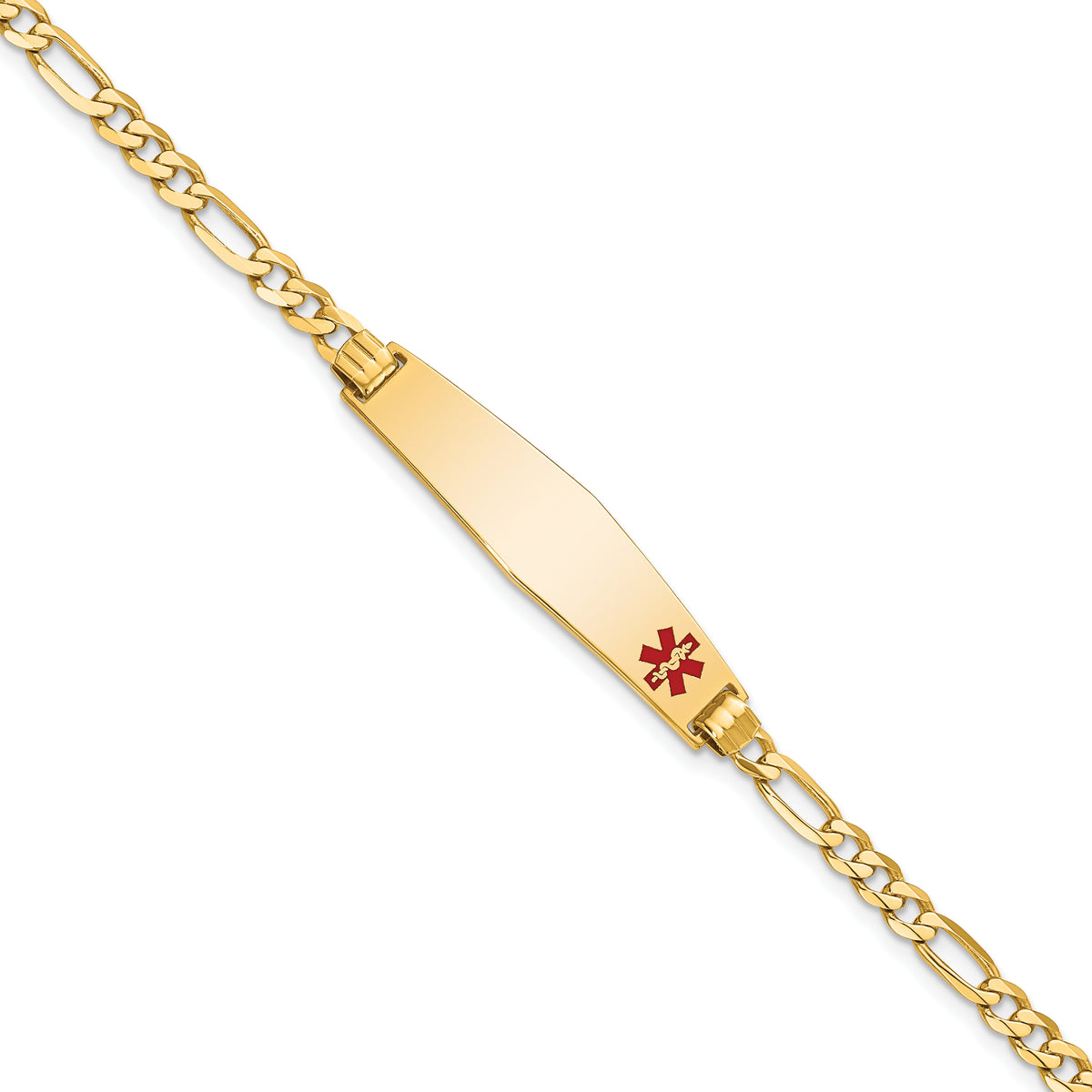 14K Medical Solid Chain/Solid Plate Soft Diamond Shape 33x8mm Off-Center Red Enamel Flat Figaro Link 8 inch ID Bracelet