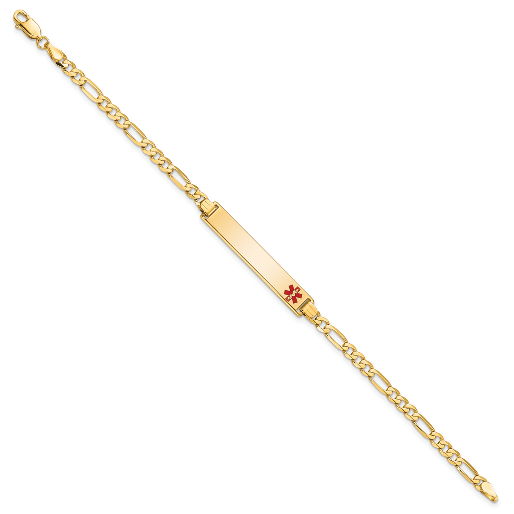 14K Medical Solid Chain/Solid Plate 33x6mm Off-Center Red Enamel Flat Figaro Link 7 inch ID Bracelet