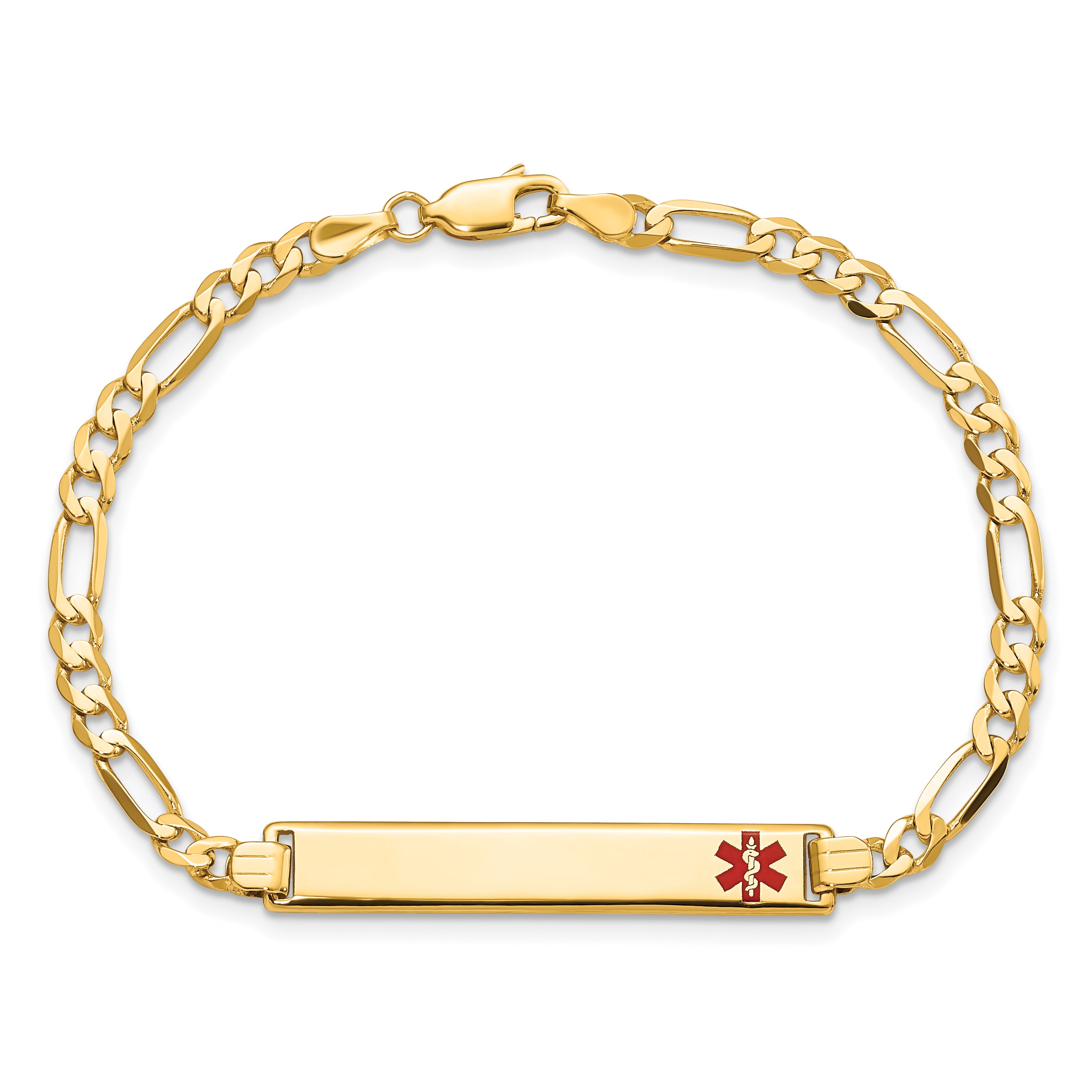 14K Medical Solid Chain/Solid Plate 33x6mm Off-Center Red Enamel Flat Figaro Link 7 inch ID Bracelet