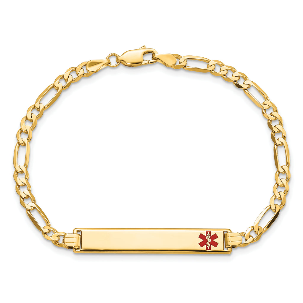 14K Medical Solid Chain/Solid Plate 33x6mm Off-Center Red Enamel Flat Figaro Link 8 inch ID Bracelet