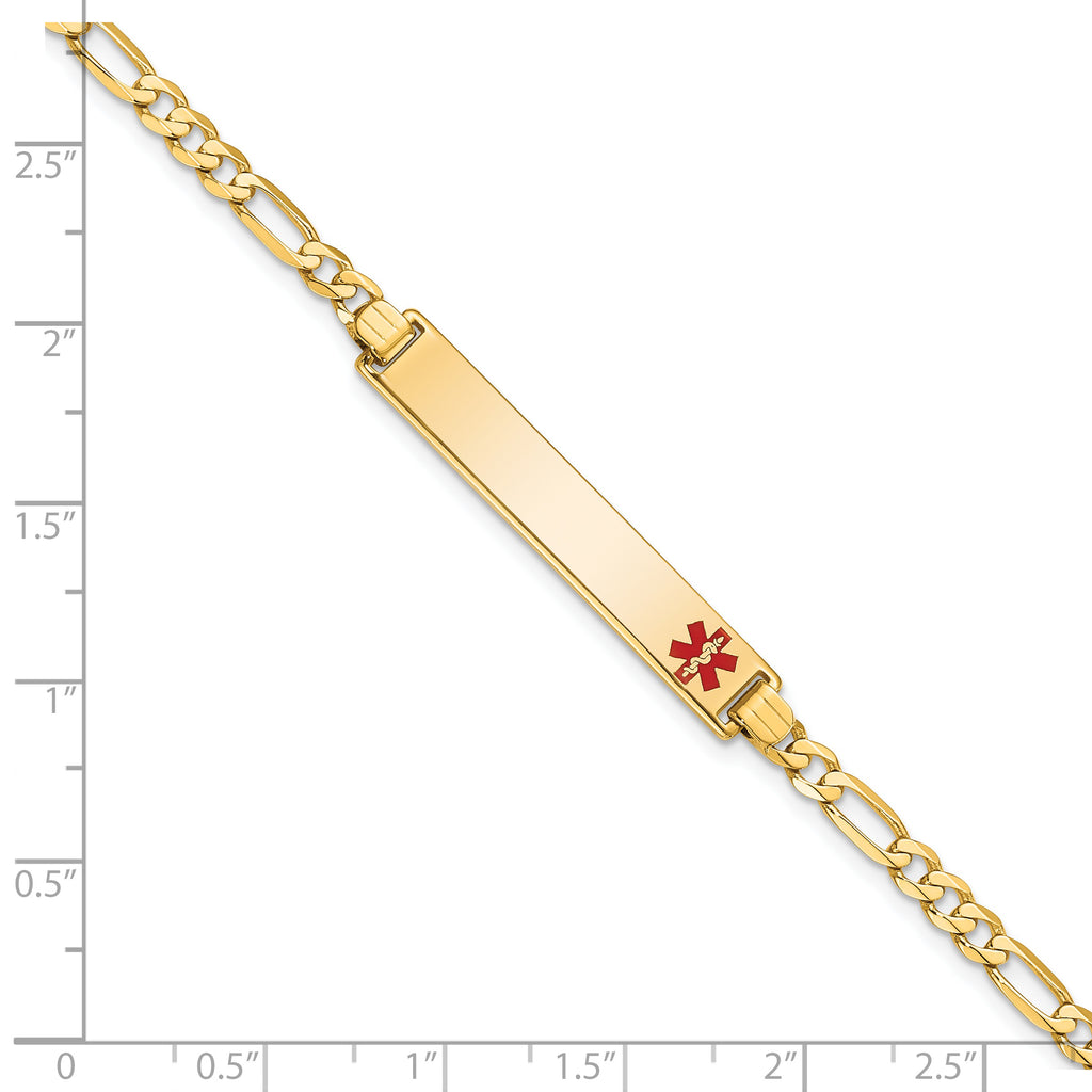 14K Medical Solid Chain/Solid Plate 33x6mm Off-Center Red Enamel Flat Figaro Link 7 inch ID Bracelet