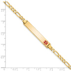 14K Medical Solid Chain/Solid Plate 33x6mm Off-Center Red Enamel Flat Figaro Link 7 inch ID Bracelet