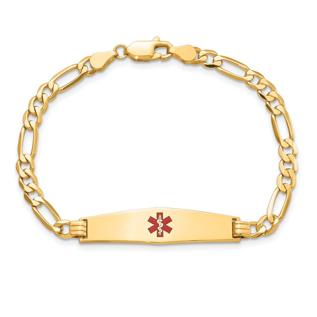 14K Medical Solid Chain/Solid Plate Soft Diamond Shape 33x8mm Centered Red Enamel Flat Figaro Link 8 inch ID Bracelet