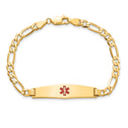 14K Medical Solid Chain/Solid Plate Soft Diamond Shape 33x8mm Centered Red Enamel Flat Figaro Link 8 inch ID Bracelet