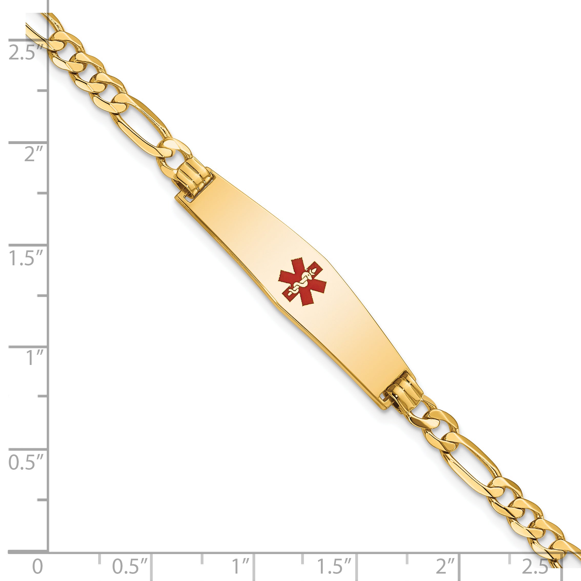 14K Medical Solid Chain/Solid Plate Soft Diamond Shape 33x8mm Centered Red Enamel Flat Figaro Link 7 inch ID Bracelet