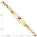 14K Medical Solid Chain/Solid Plate Soft Diamond Shape 33x8mm Centered Red Enamel Flat Figaro Link 7 inch ID Bracelet