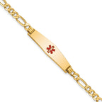 14K Medical Solid Chain/Solid Plate Soft Diamond Shape 33x8mm Centered Red Enamel Flat Figaro Link 7 inch ID Bracelet
