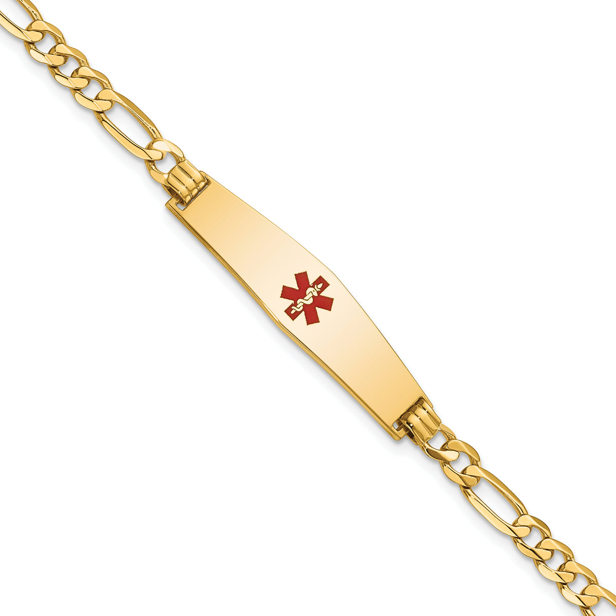 14K Medical Solid Chain/Solid Plate Soft Diamond Shape 33x8mm Centered Red Enamel Flat Figaro Link 7 inch ID Bracelet