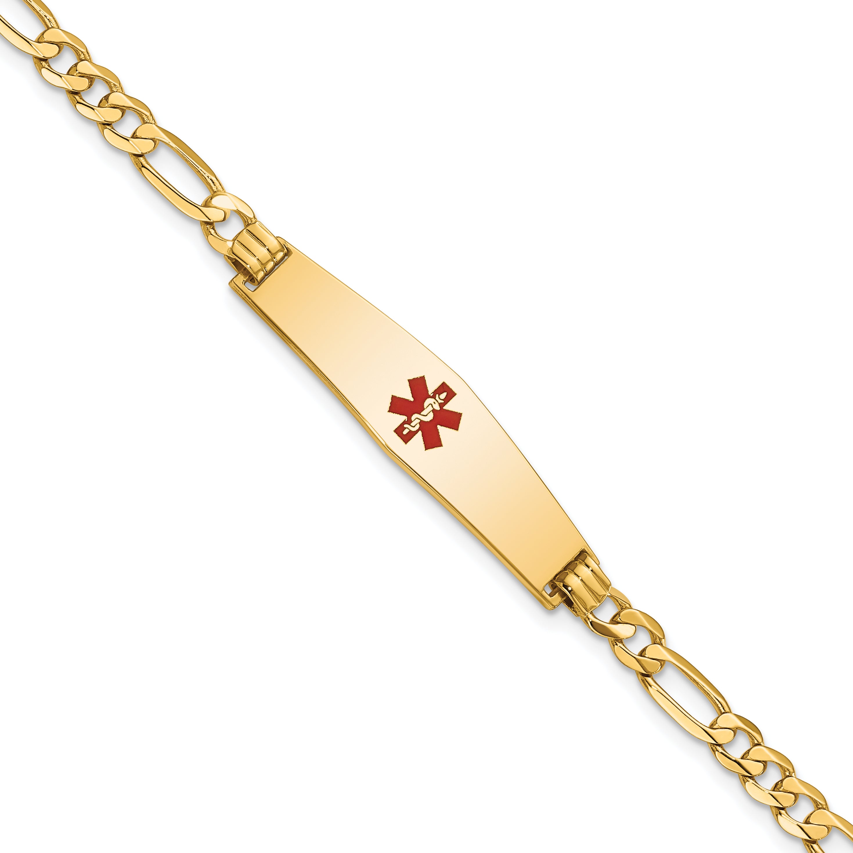 14K Medical Solid Chain/Solid Plate Soft Diamond Shape 33x8mm Centered Red Enamel Flat Figaro Link 8 inch ID Bracelet