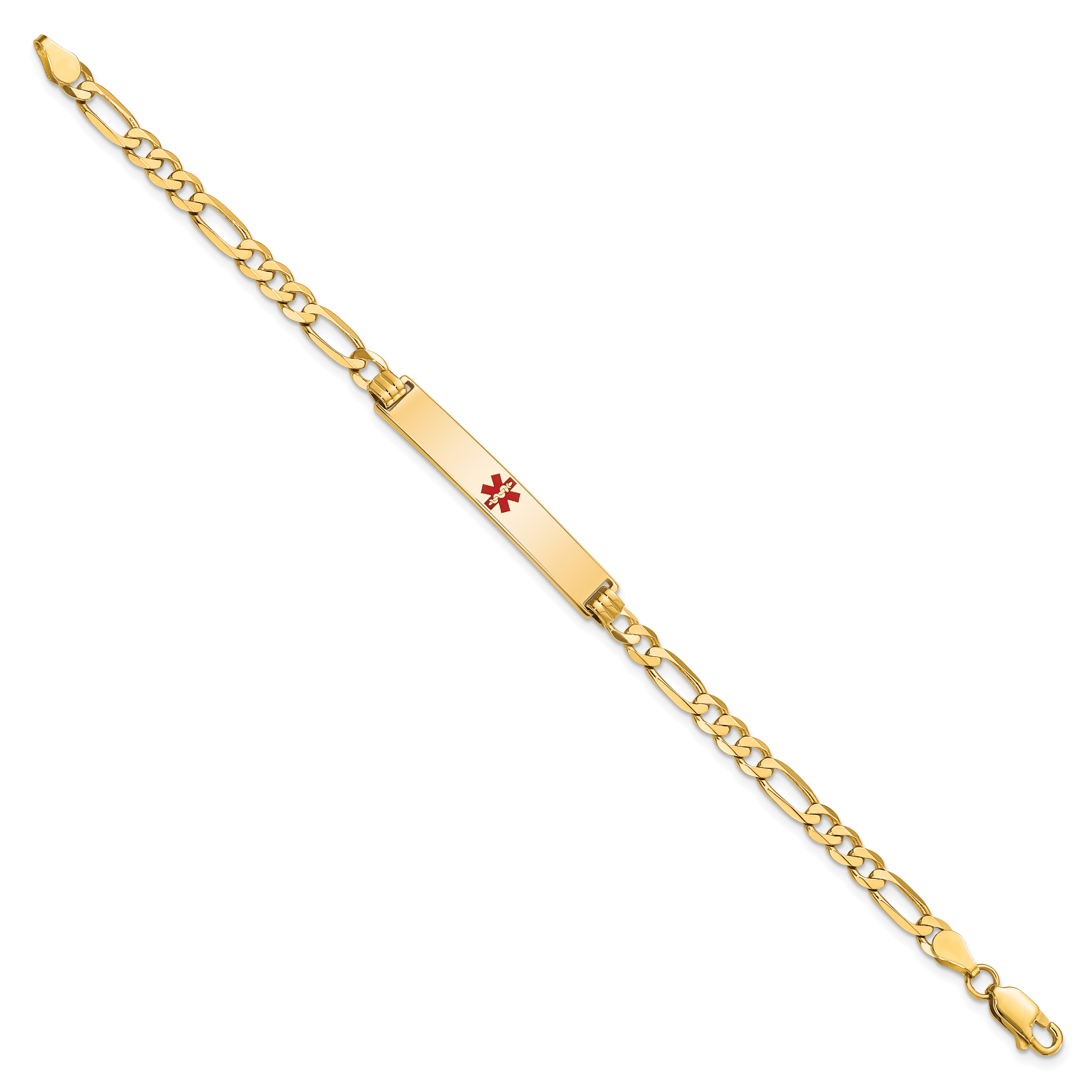 14K Medical Solid Chain/Solid Plate 34x6mm Centered Red Enamel Flat Figaro Link 7 inch ID Bracelet Secondary image