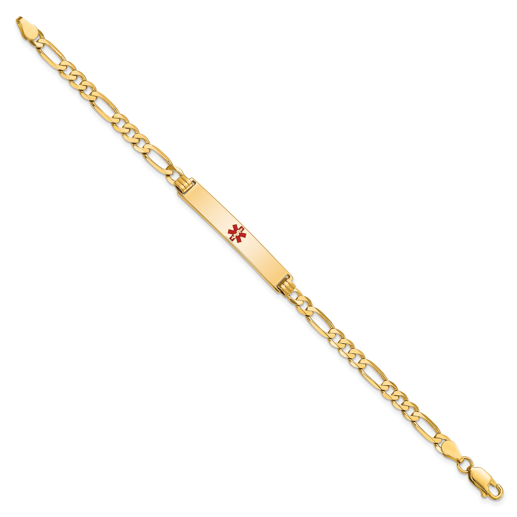 14K Medical Solid Chain/Solid Plate 34x6mm Centered Red Enamel Flat Figaro Link 8 inch ID Bracelet