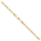 14K Medical Solid Chain/Solid Plate 34x6mm Centered Red Enamel Flat Figaro Link 8 inch ID Bracelet